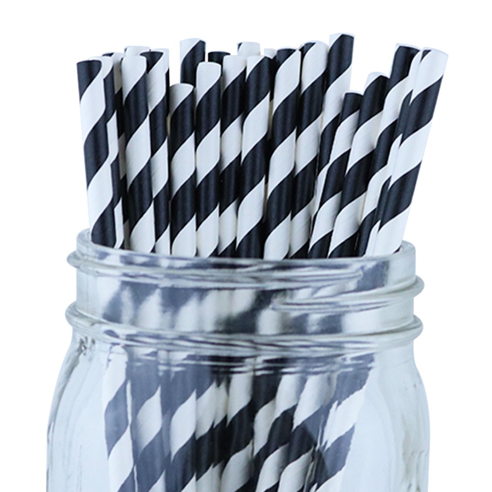 Just Artifacts 100pcs Decorative Striped Paper Straws (Striped, Black