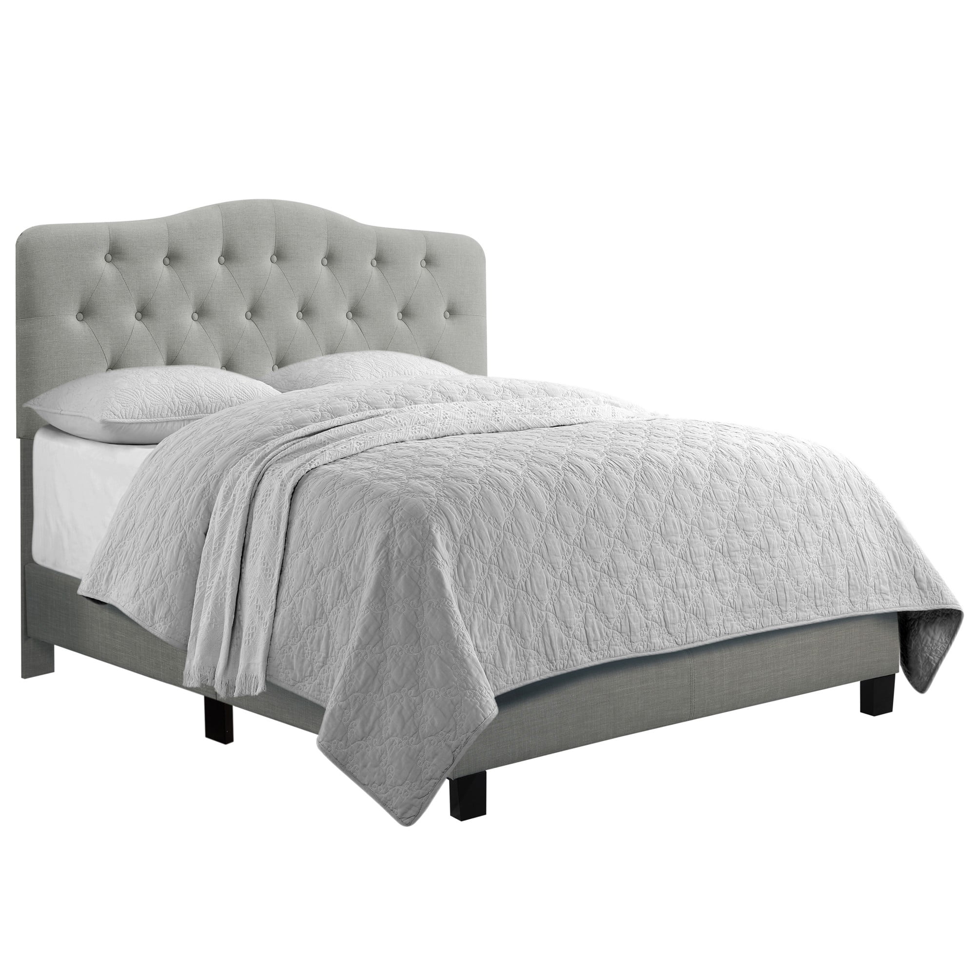 Gewnee Gray Queen Platform Bed,Linen Fabric Padded Headboard,Solid Wood Slat Support & Sturdy Construction,Ideal for Bedroom,Box Spring Required