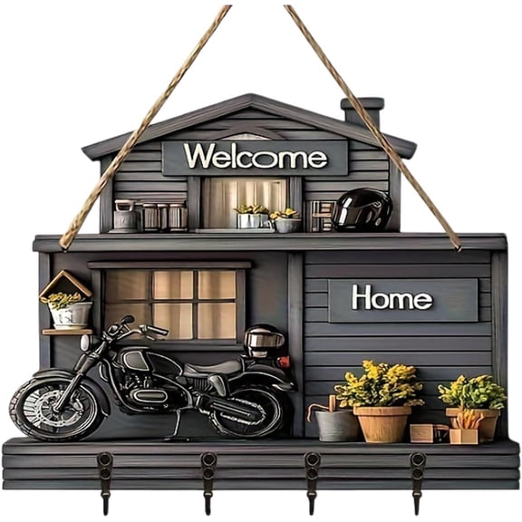 House Shaped Hat Coat Hooks, Rustic Wooden Wall Mount Hanger Decor Sign with 4 Hanging Organizers for Key Towel Home Entryway