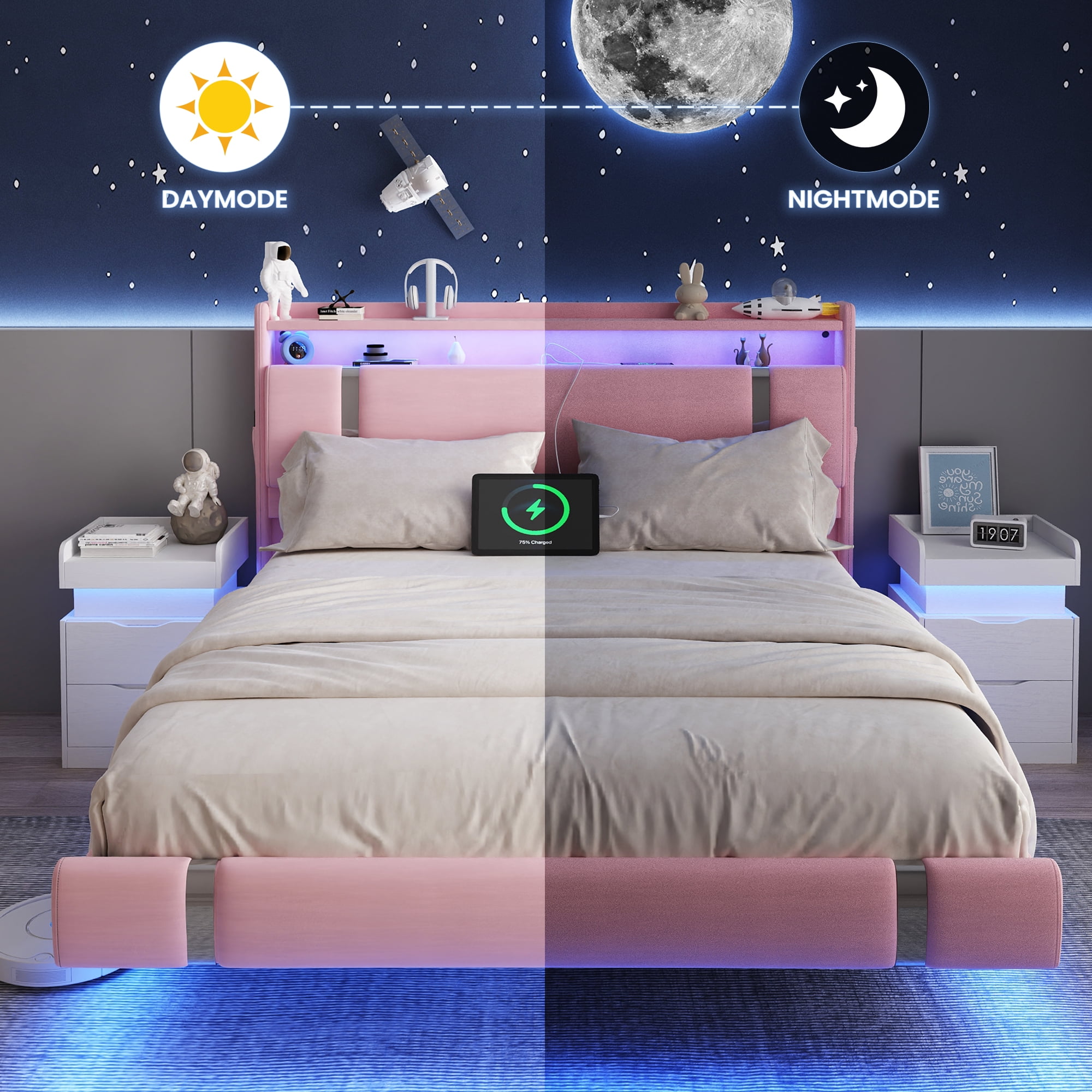 IDEALSOUL Queen Size Floating Bed Frame with Upholstered Storage Headboard, Metal Platform Bed with Charging Station & LED,No Box Spring Needed,Easy to Assemble (Queen,Pink)