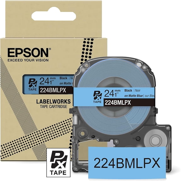 Epson LABELWORKS 224BMLPX - Black on Matte Blue PET Label Maker Tape - 1" (24MM) Wide, 26'