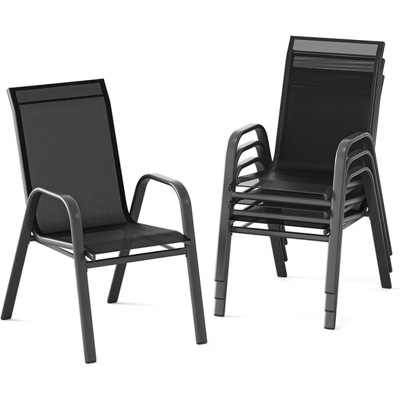 Patio Chairs Set of 4, Outdoor Stackable Dining Chairs with Textilene Fabric, All-Weather Deck Stacking Chairs with High Back for Backyard Poolside Garden Balcony, Black