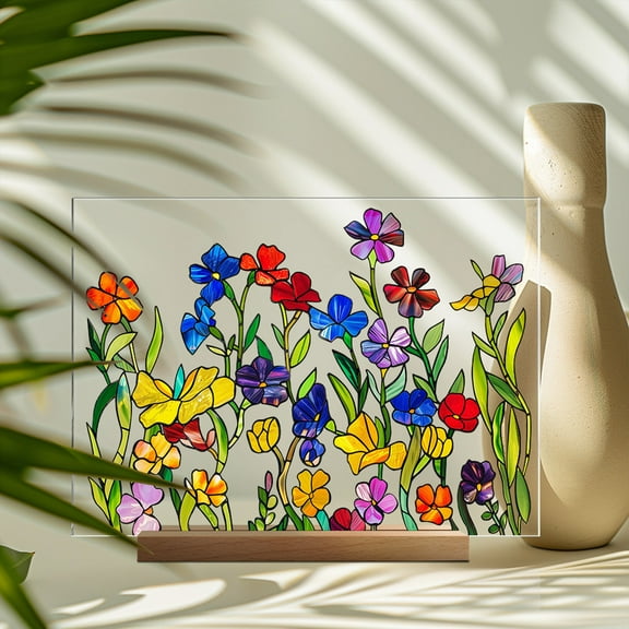Acrylic Printed Desktop Display with Floral Decoration, Wooden Base Transparent Ornament , Bright and Beautiful Colors for Visual Appeal,Ideal Gift for Sisters or Friends