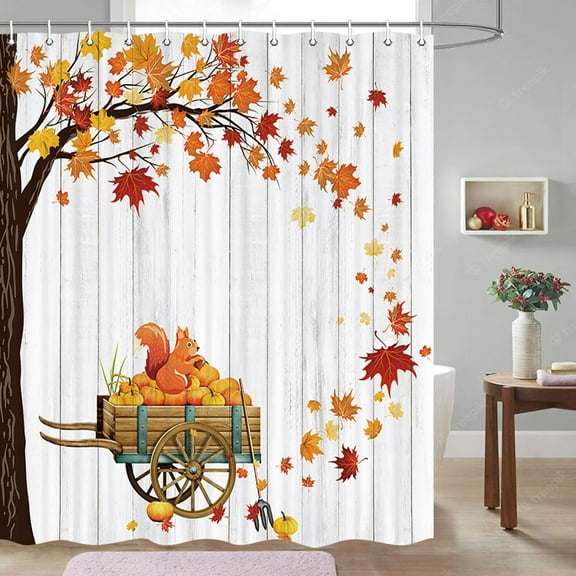 Fall Shower Curtain, Autumn Harvest Pumpkin Shower Curtain Fall Shower Curtain for Bathroom, Rustic Fall Harvest Thanksgiving Shower Curtain Farmhouse Pumpkin Shower Curtain Set with Hooks, 72 Inches