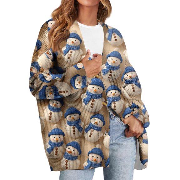 Women's Fashion Long Sleeve Christmas Print V-Neck Button Loose Cardigan Top, Knit Sweater for Casual Outfits and Comfort,Royal Blue,L