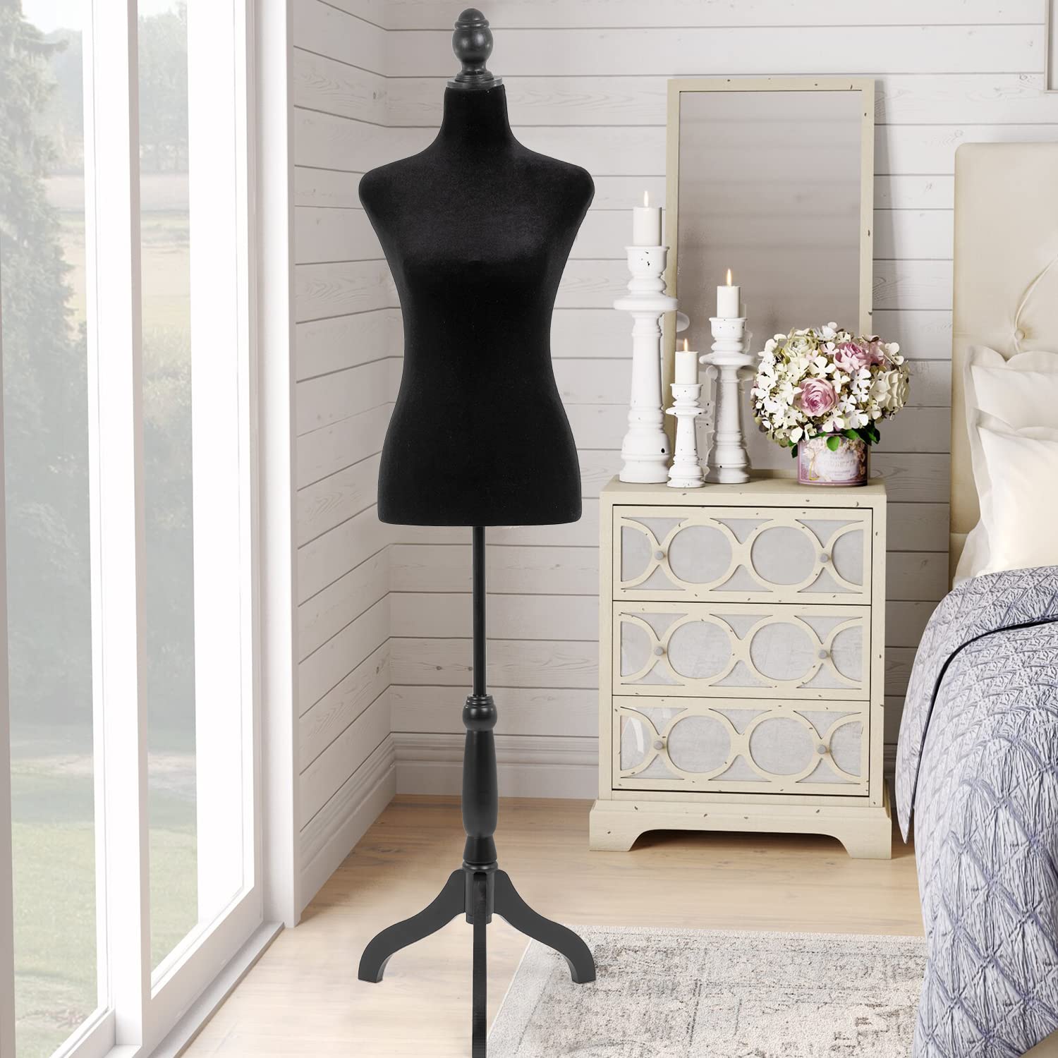PayLessHere Dress Form Mannequin Torso Female with Wooden Tripod Stand Adjustable for Sewing Counter Display, Black