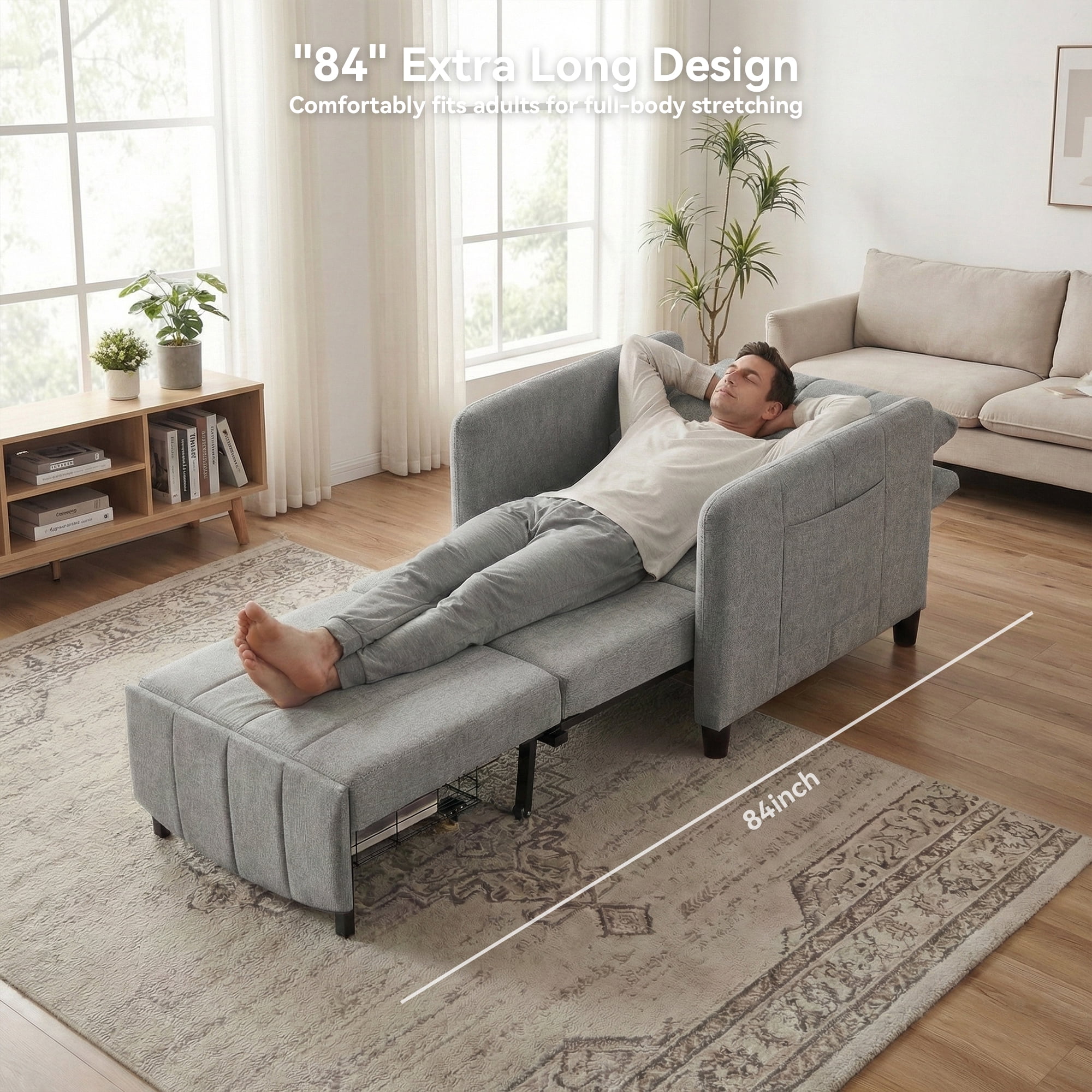 YIKEMA 4-in-1 Convertible Sleeper Chair Bed, 84 Inch Extra Long Pull Out Sofa for Tall Guests, Adjustable Backrest Lounge with Side Storage & Metal Frame, 500 lbs Capacity, Light Gray