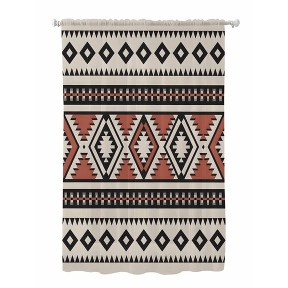 Sheer Curtains 63 Inch Length, Beige Boho Semi Sheer Curtains Light Filtering Window Treatment, Vintage Ethnic Tribe Retro Abstract Art Privacy Voile Drapes for Living Room Bedroom 52x63 Inch