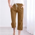 thumbnail image 2 of Capris Pants for Women Cotton Linen Casual Summer 2026 Straight Wide Leg Loose Drawstring Elastic Waist Cropped Trouser Khaki XL, 2 of 5