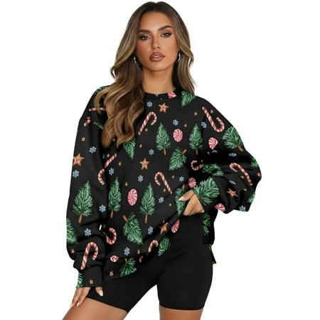 SCRAWLGOD Christmas Tree Snowflake Stars Candy Black Women s Sweatshirt Casual Crew Neck Sweatshirts Cozy Loose Fit Long Sleeve Pullover Tops with Pockets Fall Winter Clothes L