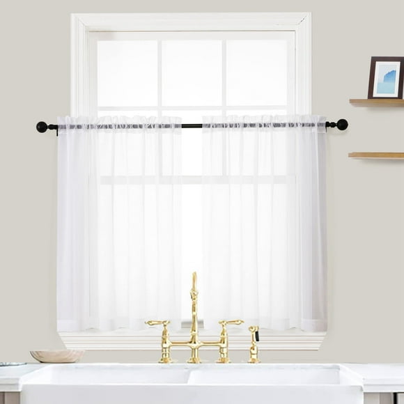 OVZME White Sheer Curtains 36 inch Length Kitchen Tiers Short Voile Curtains/Drapes Solid Sheers Cafe Curtains Voile Bathroom Small Half Window Curtains 2 Panels Set, Rod Pocket, 42" Wx36 L