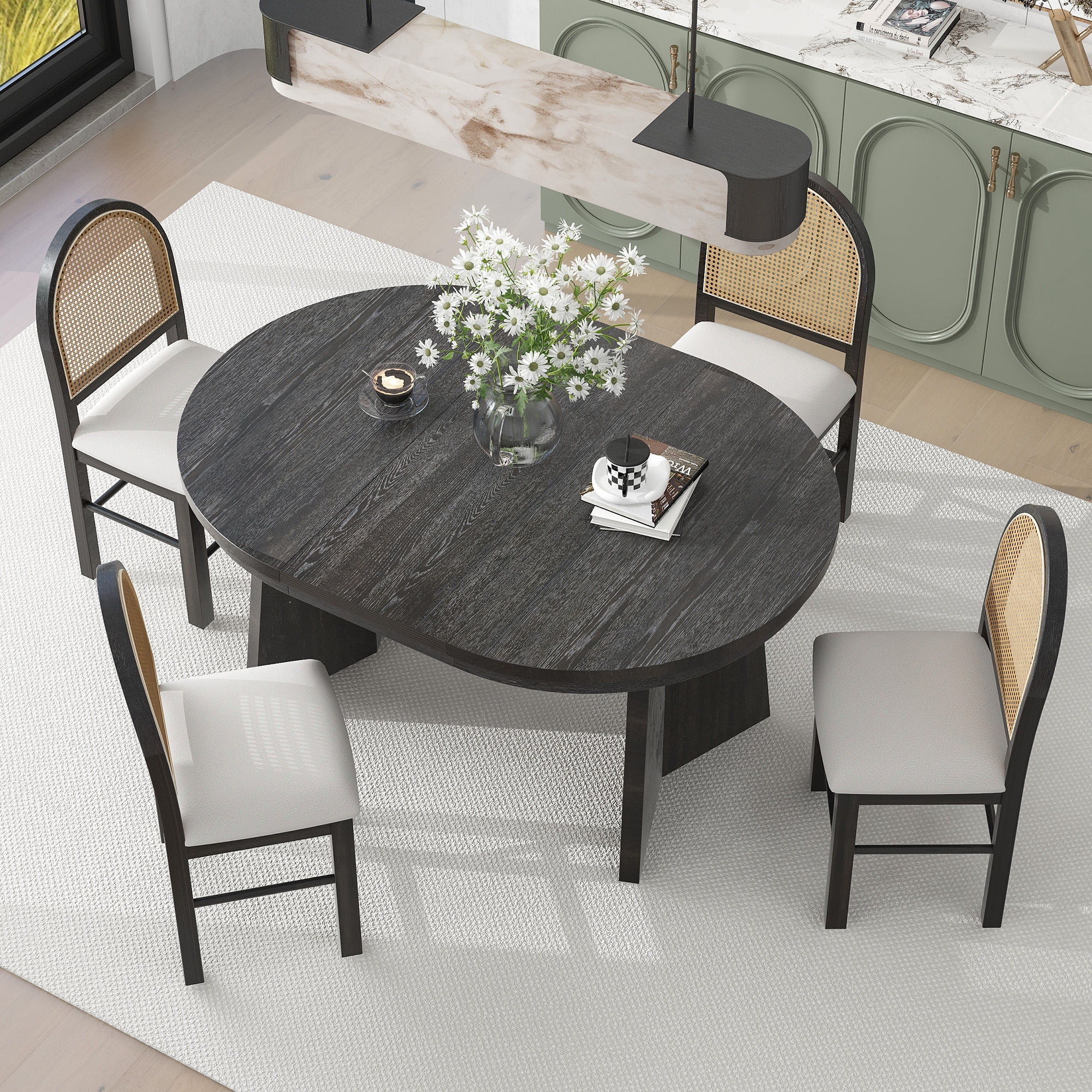 Harper & Bright Designs Farmhouse 6 Pieces Dining Table Set for 6, Solid Wood Kitchen Table Set with 4 Upholstered Chairs and Bench, Grey