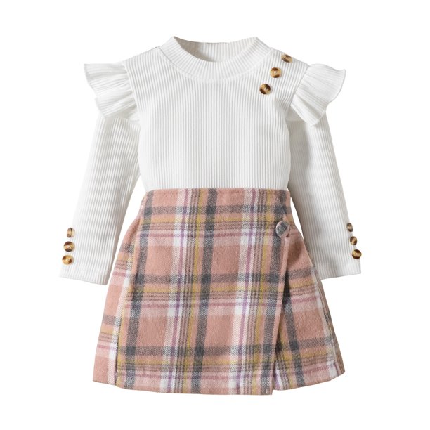 Gibobby Conjunto 2 uds. niño Camiseta de manga larga para niños pequeños y Niñass, Tops, faldas a cuadros con botones, pantalones cortos, conjunto de ropa de p(Blanco, 5-6 Años)