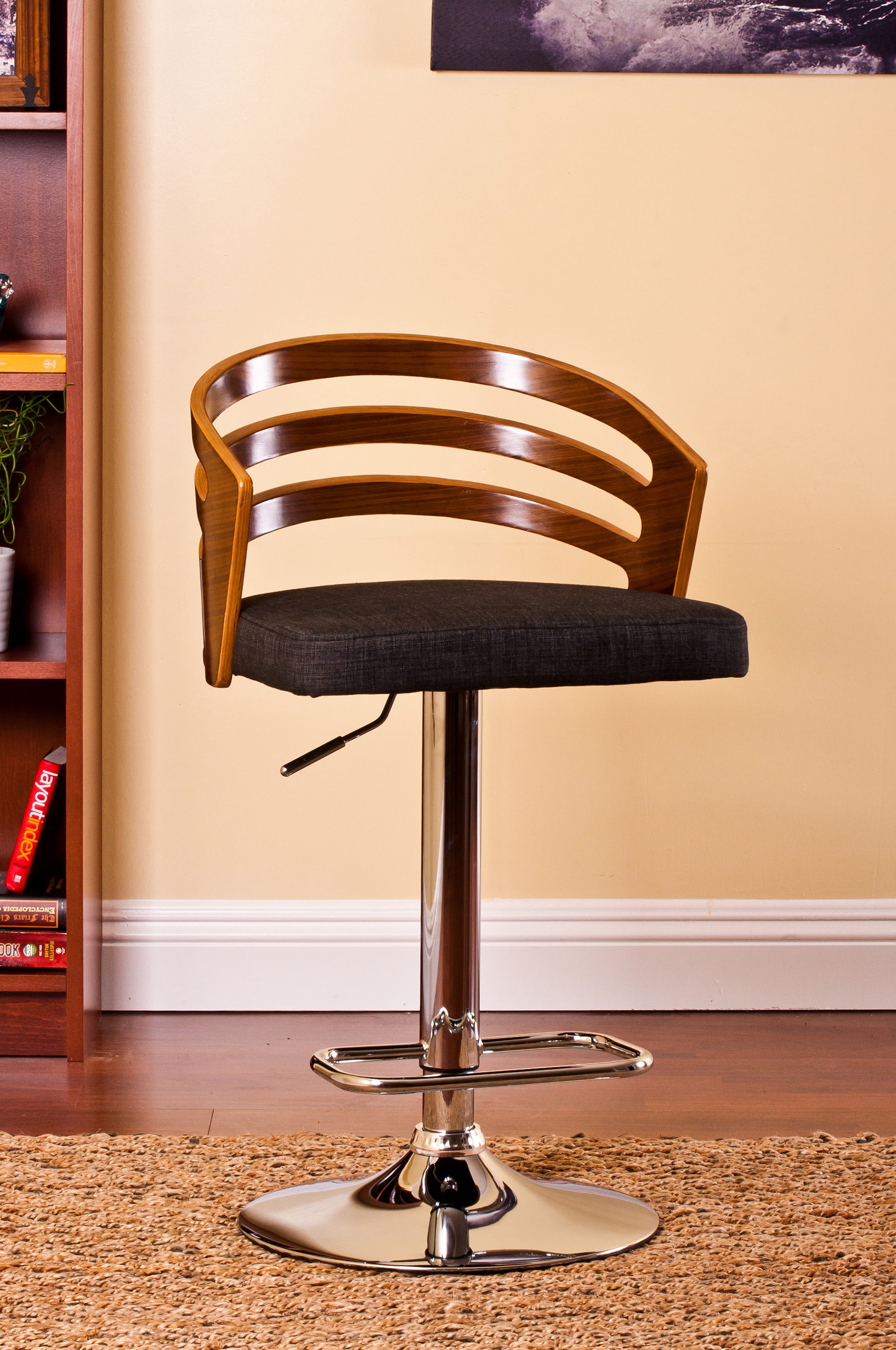 Modern Wood Back and Fabric Adjustable Swivel Bar Stool with Cushion, Black