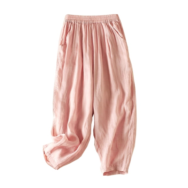 Spring/Fall Saving! HVOBTTY Women's Casual Cropped Trousers, Ladies Solid Color Double Layer Loose Cropped Pants Pink, L