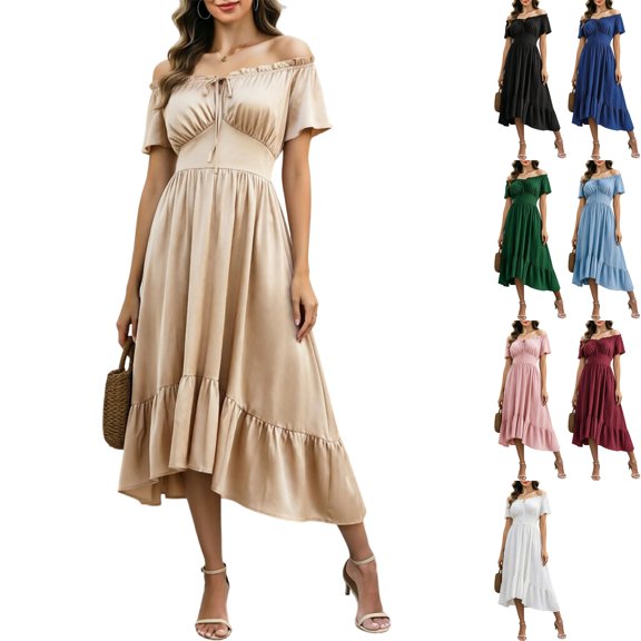 Womens Silky Satin Renaissance Dress Off Shoulder Peasant Wench Costume Elegant High Low Ruffle Hem Dress for Ren Faire Halloween Cosplay 2026, Beige, L