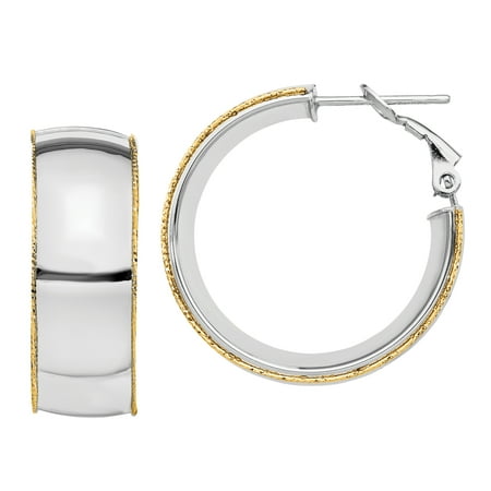 Primal Gold 14 Karat White Gold 9.5mm with Yellow Gold Diamond-cut wire Accent Round Hoop Omega Back Earrings