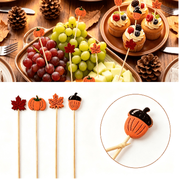 Disposable Maple Leaf Pumpkin Decorative Cocktail Picks, Halloween Decorative Cane Food Picks for Thanksgiving Autumn Party Charcuterie Board Dessert Cupcake Appetizer Table Decor Supplies