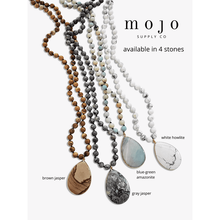 Natural Stone Long Beaded Necklace with Teardrop Pendant Natural Stone Long Beaded Necklace with Teardrop Pendant
