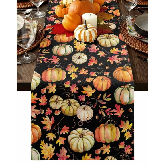 Thanksgiving Orange Pumpkin on Black Table Runner-36 Inch Long Fall Leaves Table Runners Linen Burlap Tablerunner for Kitchen Dining Room Holiday Party
