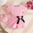 thumbnail image 5 of WRKEKC Girls 2 piece Outfits Short Sleeve Ribbed Top and Bow Skirt Pants with Bag 3 Piece for 6 Months-3 Years, 5 of 9