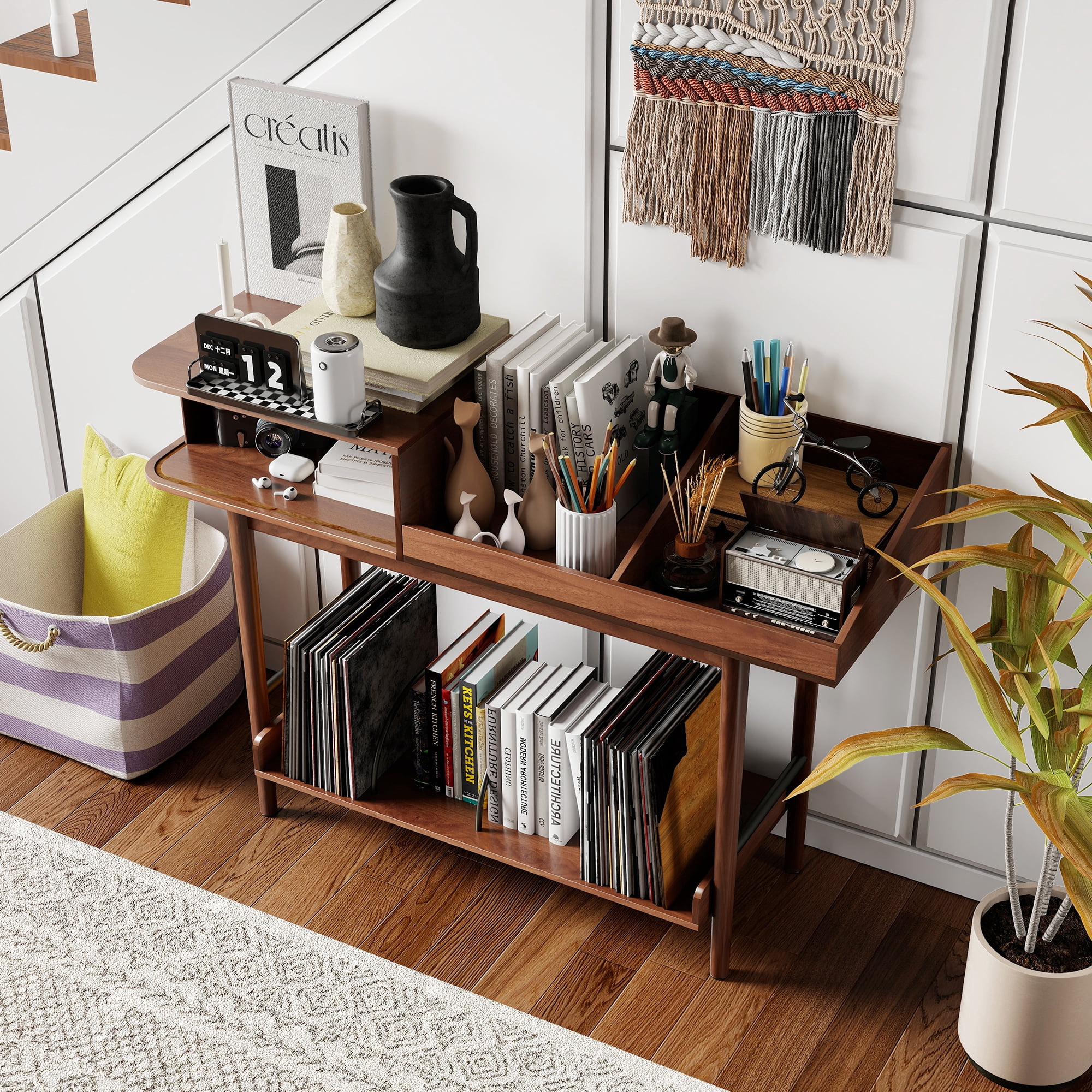 Console Table with Fluted Sliding Door, Mid Century Modern Entryway Table with Storage Shelf, Display Shelf for Hallway Living Room, Walnut