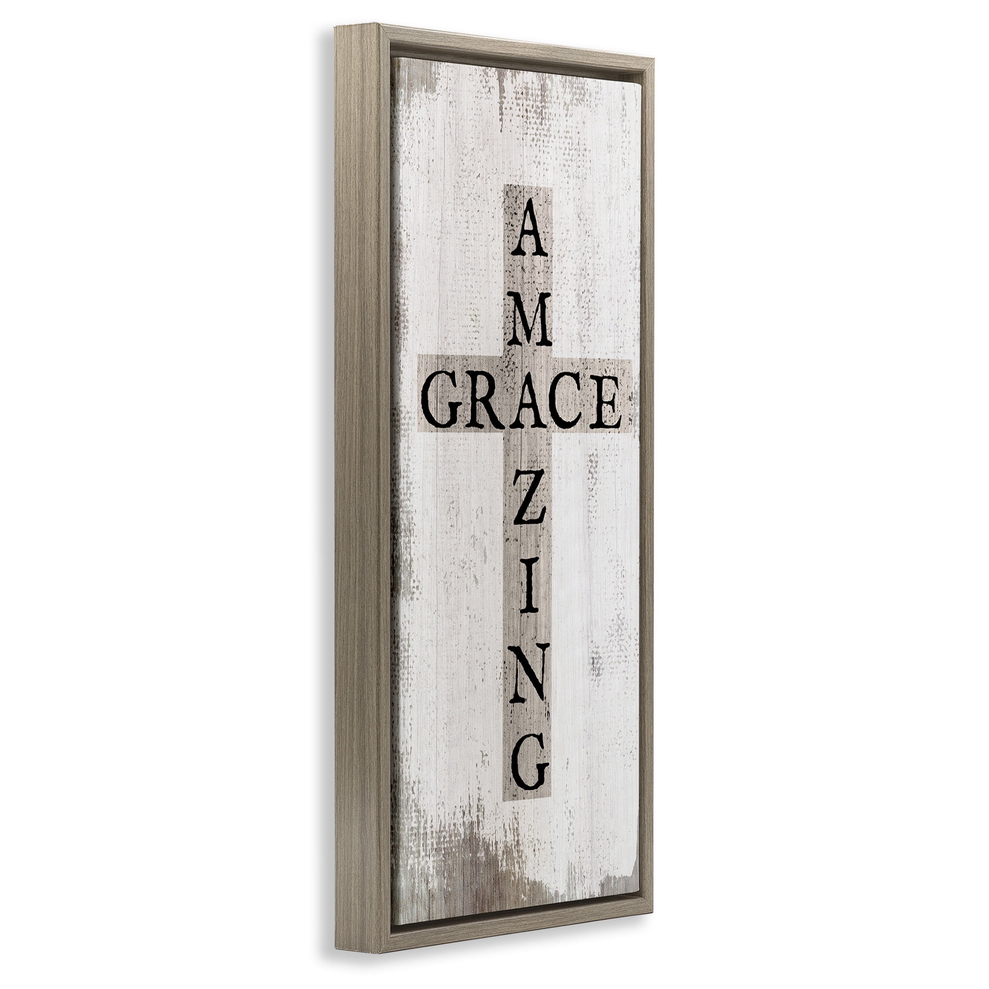 Stupell Industries Amazing Grace Rustic Cross Typography Painting Brown Floater Framed Canvas Art Print Wall Art, 15 x 31