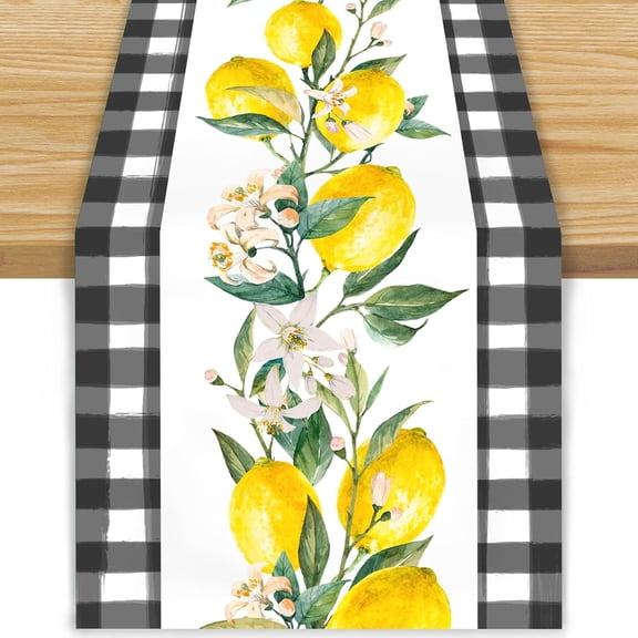 Linen Black and White Buffalo Check Plaid Lemom Table Runner Farmhouse Spring Summer Lemon Party Decorations and Supplies for Home 13.8x71 Inch