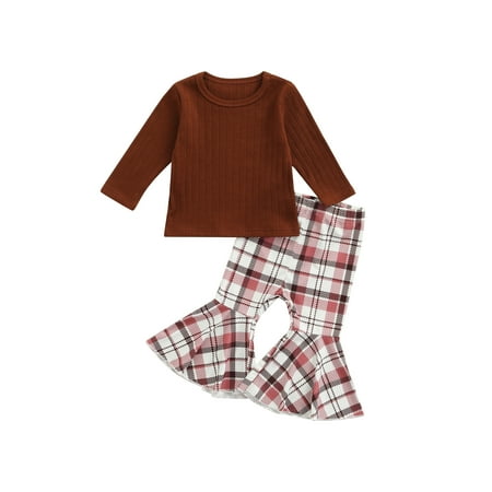 

jaweiw Baby Girls Fall Outfits Long Sleeve Crew Neck Tops with Plaid Flare Pants