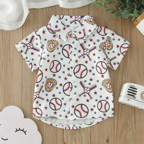 Toddler Boys Cartoon Button Down Shirts Cool Short Sleeve Cartoon Baseball Graphic Printed Casual Shirt Kids Gift Clothes Summer for Boys and Girls (2-3 Years, White)