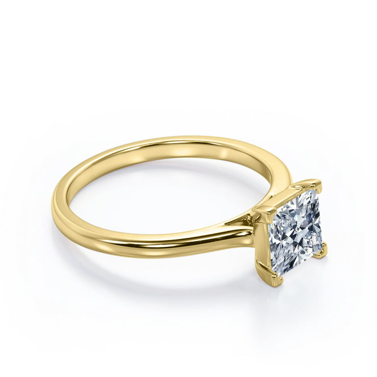 JeenMata Solitaire - 0.7 Carat Princess Cut Moissanite - 4 Prong Engagement  Ring - 18K Yellow Gold Plating Over Silver 