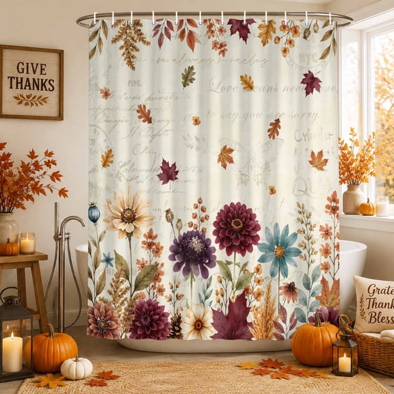 Fall Wildflowers Shower Curtains for Bathroom, Thanksgiving Maples Leaf Floral Autumn Harvest Waterproof Fabric Shower Curtain, Decorative Bathroom Curtain for Bathtub, 72"x84", No Hooks Included