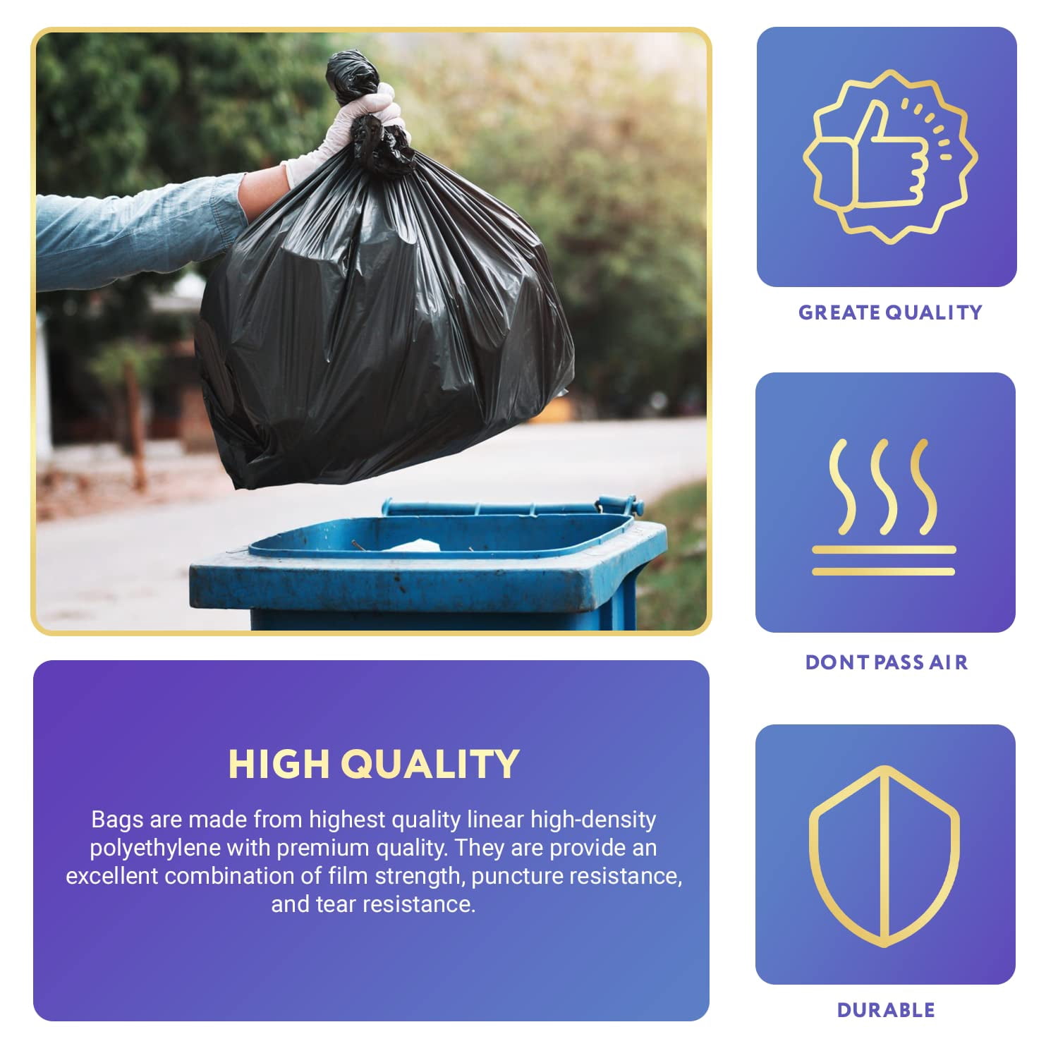 Black Outdoor Trash Bags, 1.5 Mil Leakproof Can Liners, 100 Count, 60 Gallon, 38 x 58 in