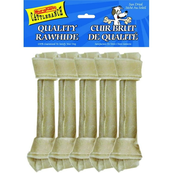 Rawhide Knotted Bone Dog Chews, 5-Pack, 8" All-Natural, High Protein, Low Fat, Dental Health, by Burgham Cattle Ranch