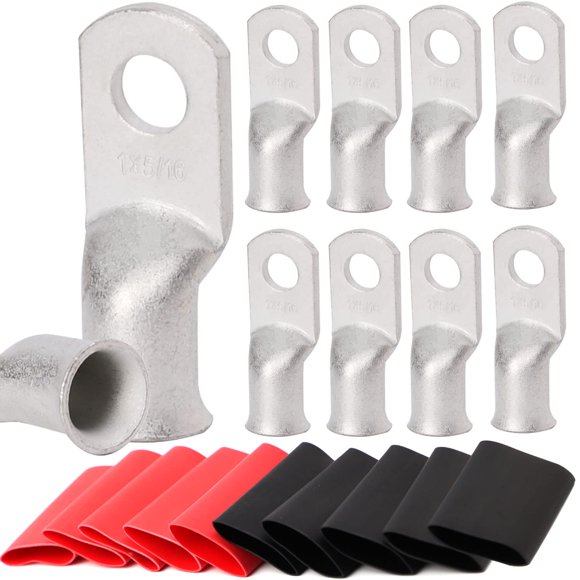 TKDMR 10 Pcs 1 Anneau Awg-5/16 Pouces Crampons en Fil de Cuivre de Qualité Marine, avec Tube Rétractable à la Chaleur 3:1, Embouts de Câble de Batterie UL, Crampons de Câble Robustes, Illets en Cuivre Teintés, Bornes d'Anneau Tubulaires