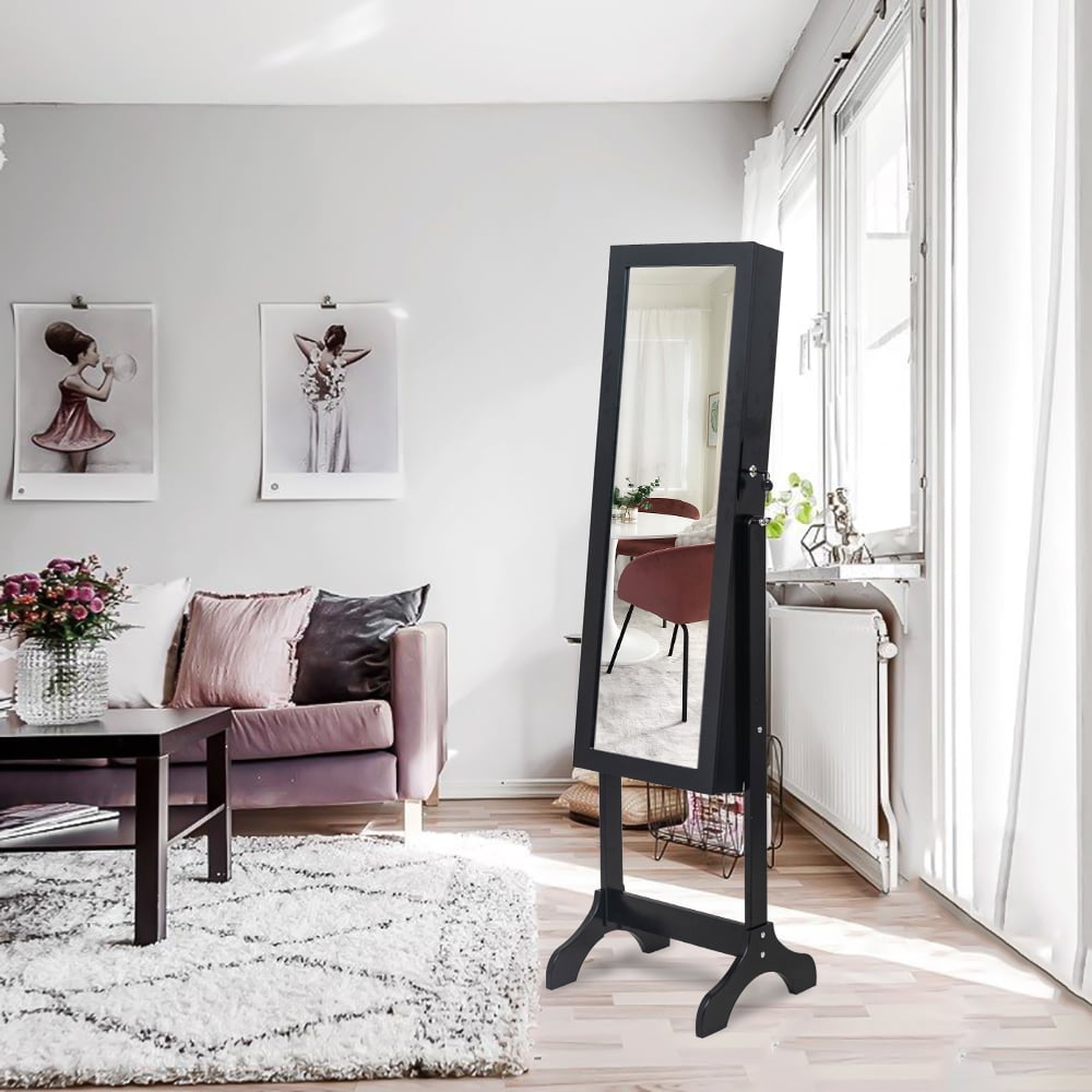 Kepooman Non Full Mirror Wooden Floor Standing 4-Layer Shelf Jewelry Storage Adjustable Mirror Cabinet, Black Kepooman Non Full Mirror Wooden Floor Standing 4-Layer Shelf Jewelry Storage Adjustable Mirror Cabinet, Black