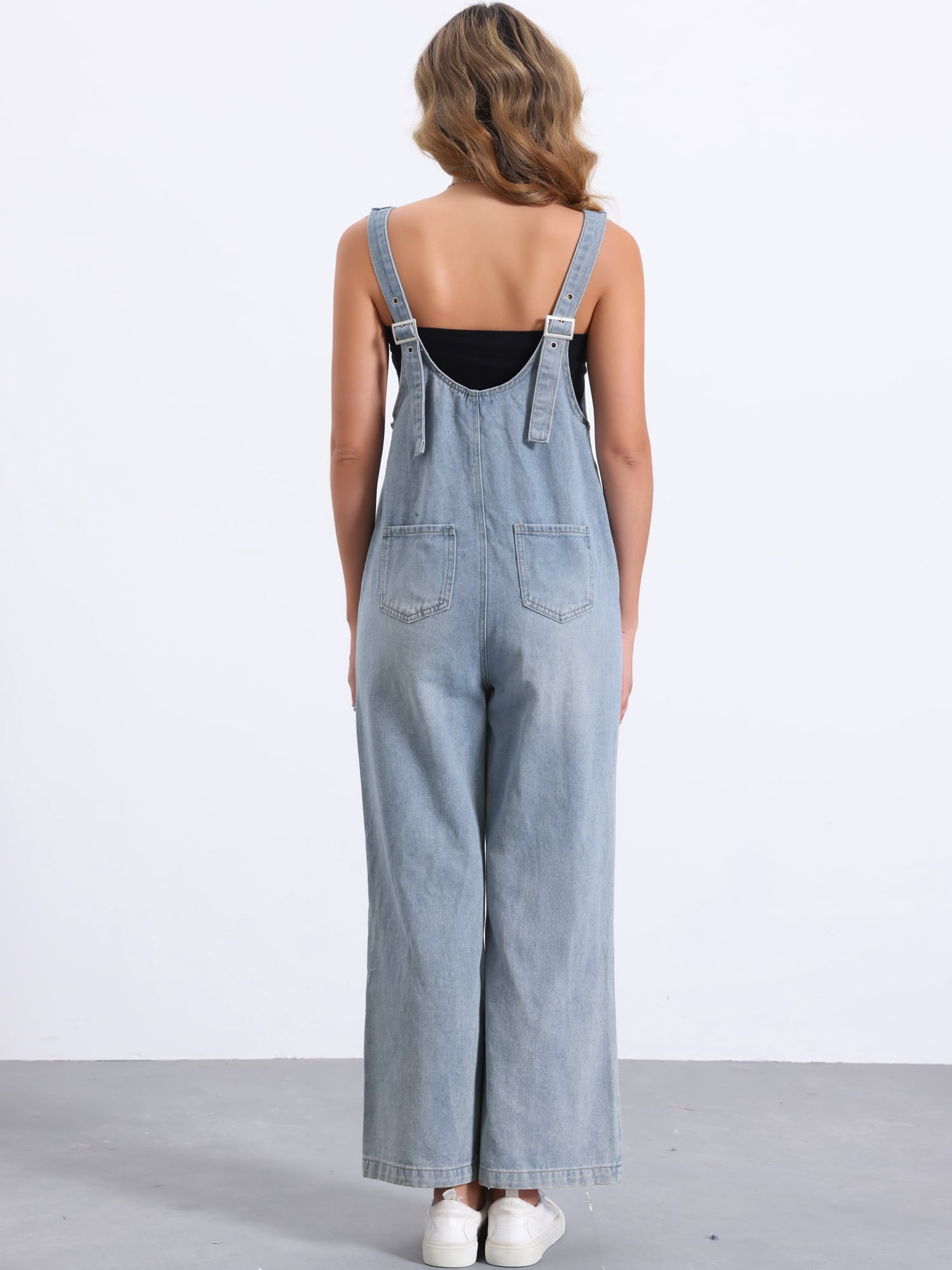 DARING DIVA Women's Baggy Wide Leg Denim Bib Overalls with Pockets L Light Blue