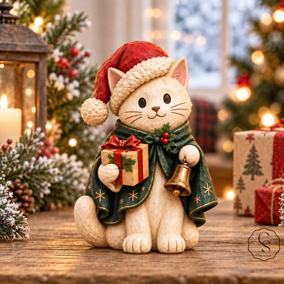 3-Layer Wooden Block Christmas Cat Figurine, Festive Shelf Sitter for Feline Lovers