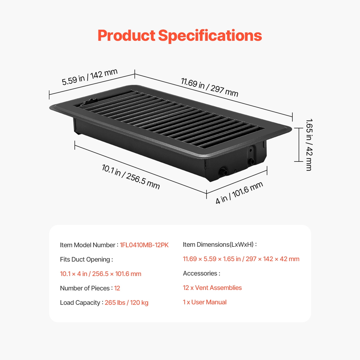 KFFKFF 4 x 10 Inch Floor Registers, Set of 12 Vent Grilles, HAVC Robust Walkable Iron Floor Vents, Conveniently Modifiable Rust-Resistant Air Vents Deflector with Metal Damper