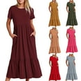 thumbnail image 6 of Women Summer Dress Loose Plain Casual Flowy Tiered Long Maxi Dresses Short Sleeve Crewneck Beach Dresses with Pockets, 6 of 6