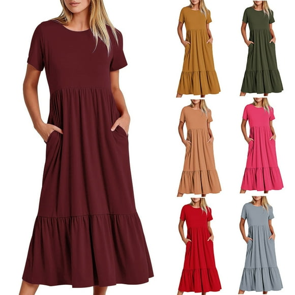 Sentmoon Women Dresses Crew Neck Regular Fit Stretchy Womens Long Dresses Solid Color Short Sleeve 2026 Beach with Pockets Summer Dresses Soft and Comfortable for Cruise and Resort L