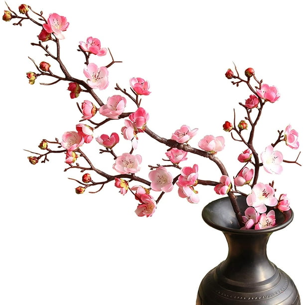 Nvzi 3 ramas de flores de cerezo artificiales, tallo largo de 23 pulgadas, flores de ciruelo de seda con brotes, color rosa