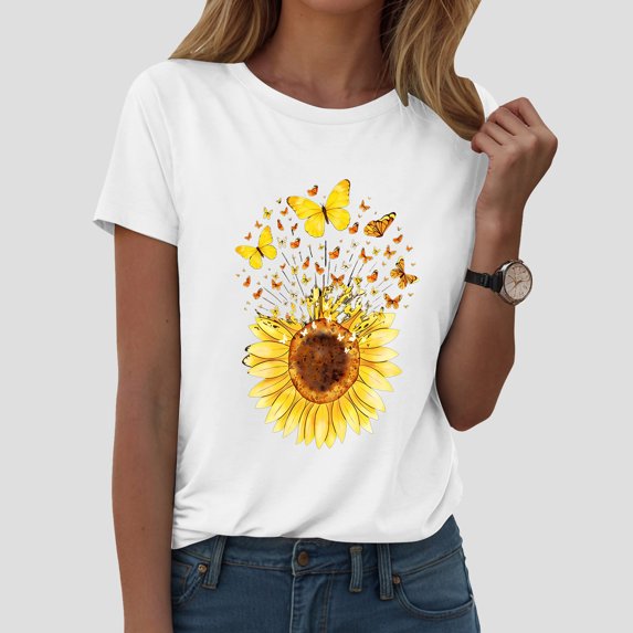 COMVALUE Women's Sunflower Graphic Shirts Boho Flowers Tee Tops Cute Summer Vintage Short Sleeve Holiday T Shirt (White, XL)