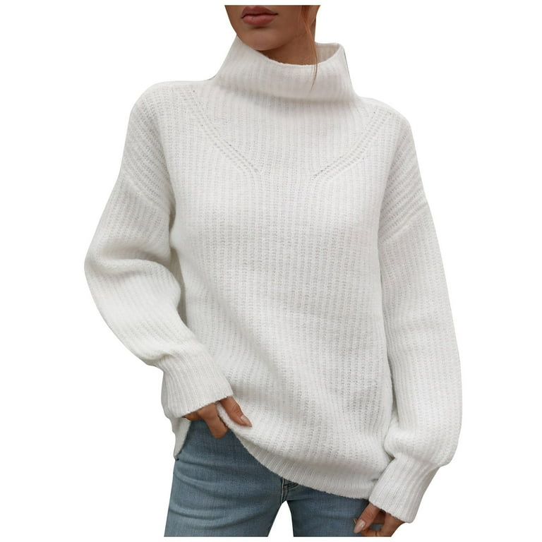 Knit Turtleneck Sleeve TBKOMH Solid Color Cardigan Women White) (XL, Sweater High Tops Women\'s Petite Work Sweater Long Sweater Sweaters Women\'s Neck Pullover Winter Sweater For Pullover Sweaters,