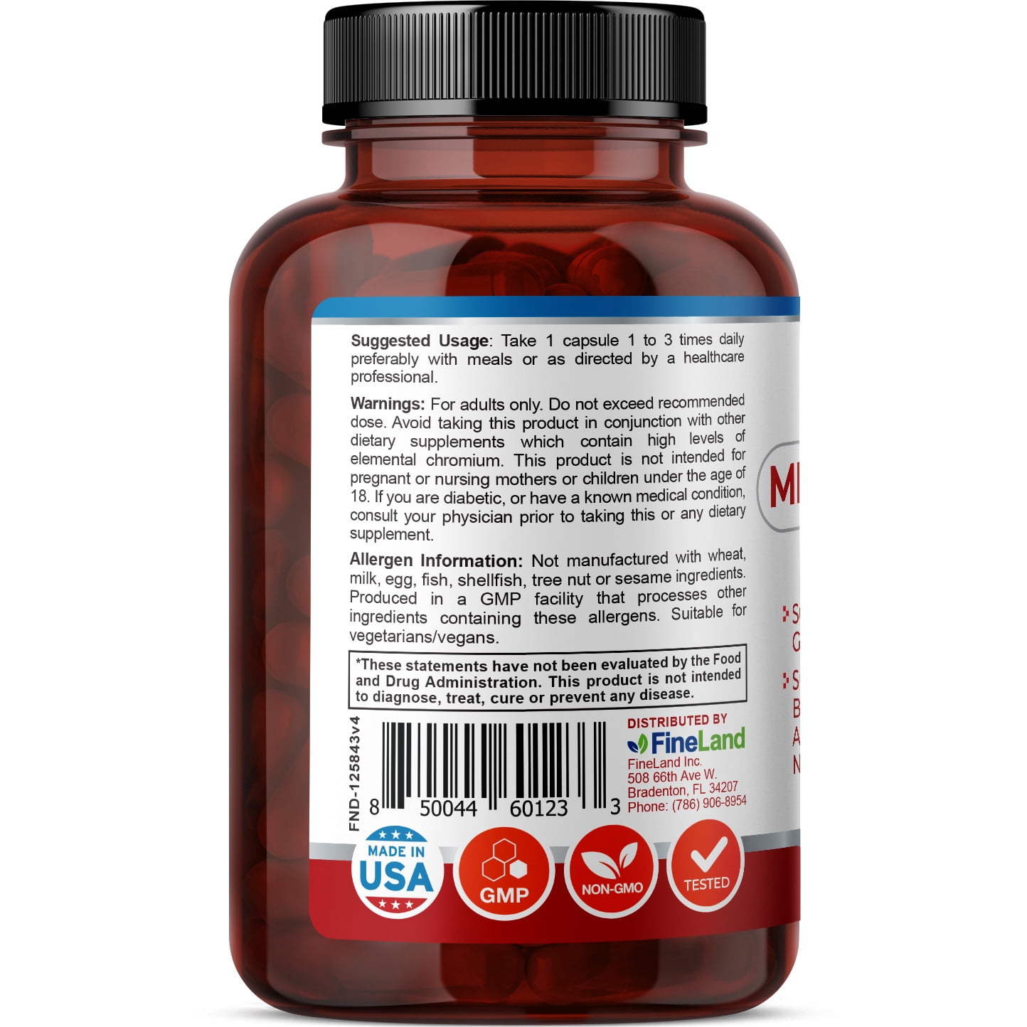 Fineland Vitamins META GLUCOSE Support Formula Adult Vegan Glucose 60 Count