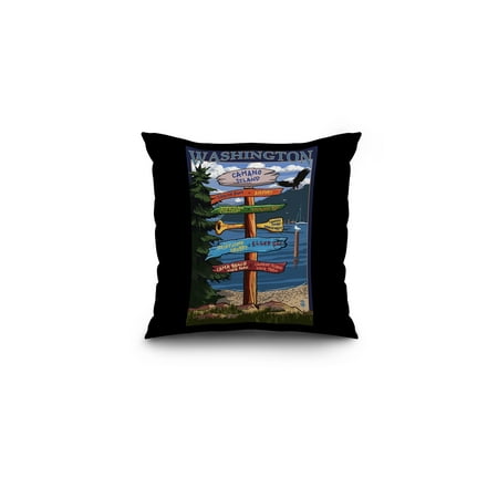 Washington Sign - Camano Island, Washington - Destinations Sign - Lantern Press Artwork (16x16 Spun Polyester Pillow, Black Border)