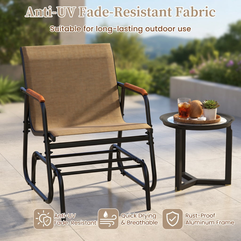 Hommoo 2-Piece Outdoor Glider Chair Set with Teak Wood Armrests, Breathable Fabric Seats & Sturdy Metal Frame for Patio, Porch, or Poolside, Brown