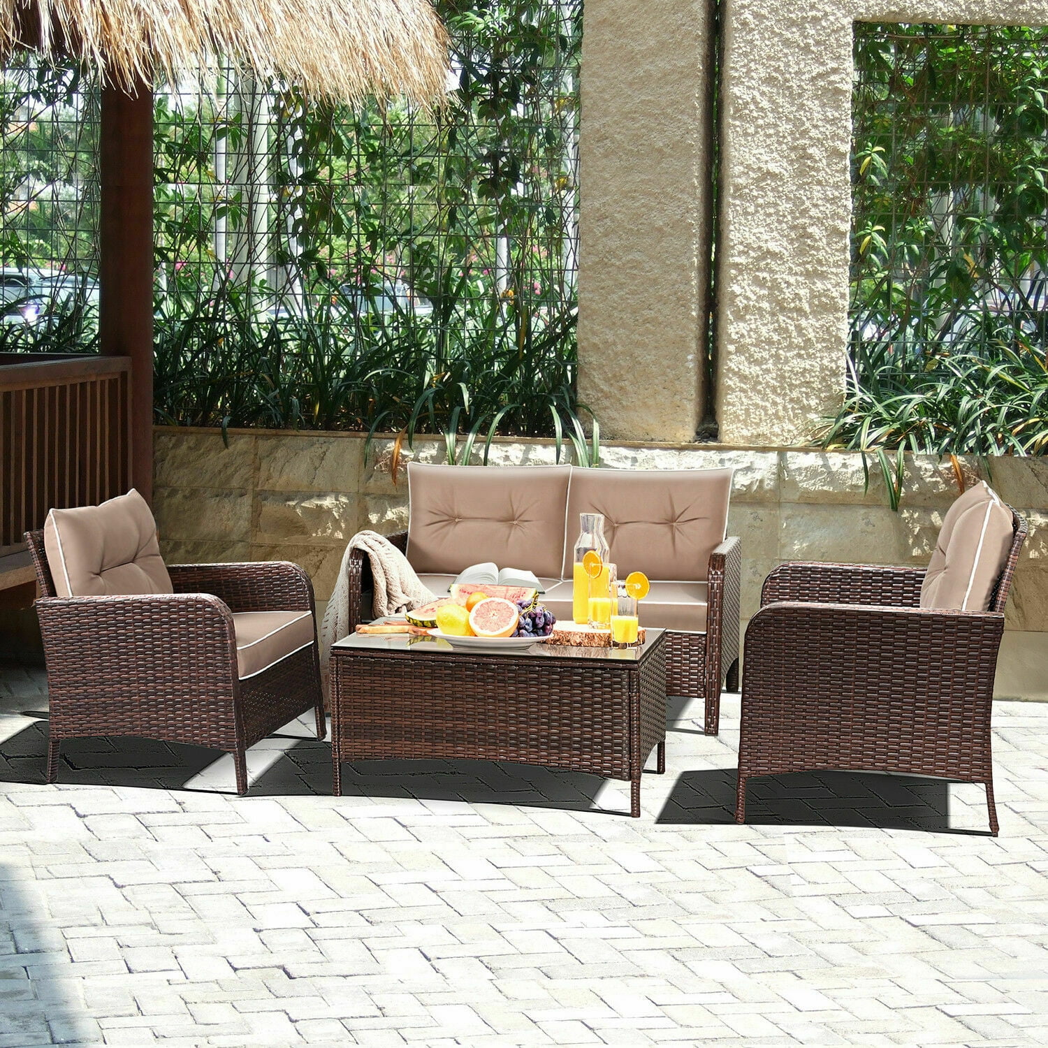Costway 4 Pcs Outdoor Patio Rattan Wicker Furniture Set Sofa Costway 4 Pcs Outdoor Patio Rattan Wicker Furniture Set Sofa Loveseat W Cushions