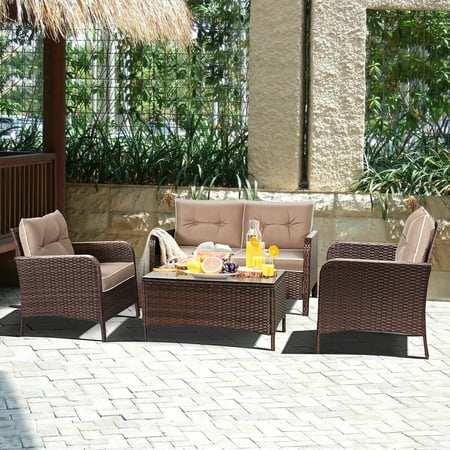 Costway 4 Pcs Outdoor Patio Rattan Wicker Furniture Set Sofa