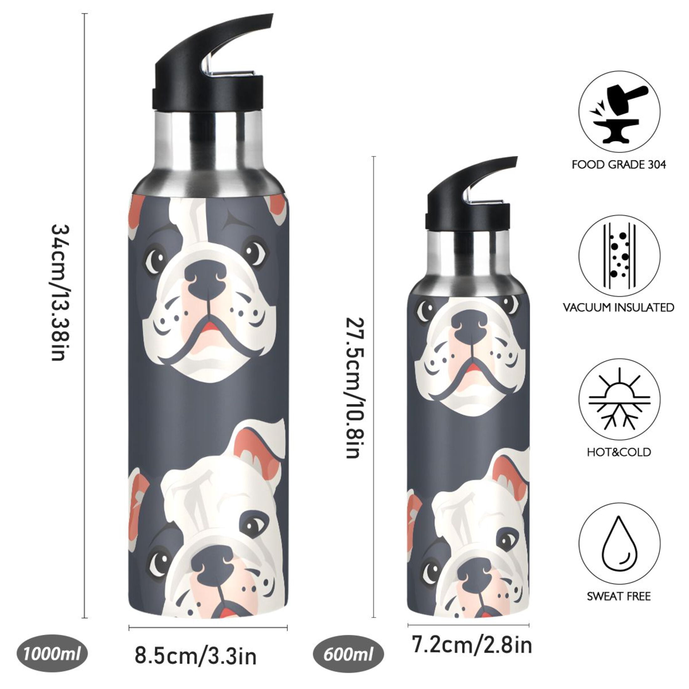 OREZI Stainless Steel Water Bottle Cute Bulldog Dog Face 34oz/1000ml Double Wall Vacuum Insulation Leakproof for Sports Travel